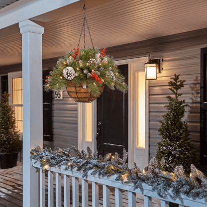 Dazzling Pre-lit Artificial Christmas Hanging Basket - Flocked with Mixed Decorations and White LED Lights - Frosted Berry