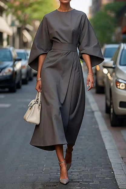 Elegant solid color waist bat sleeve dress