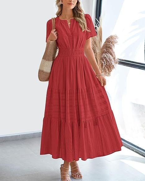 👗Women's Casual Spring Short Sleeve V Neck Maxi Dress