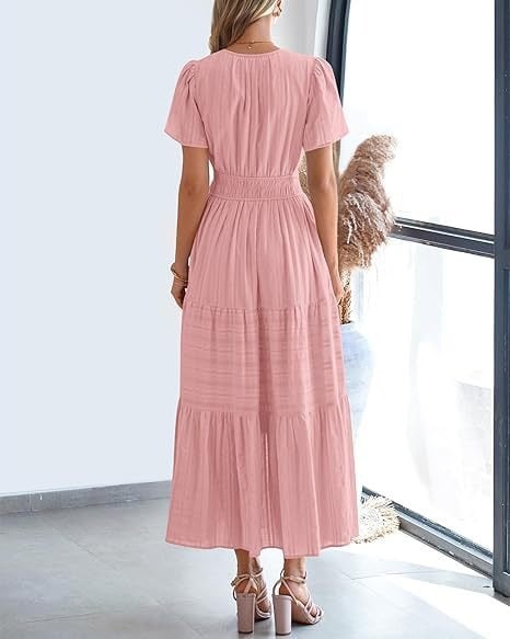 👗Women's Casual Spring Short Sleeve V Neck Maxi Dress