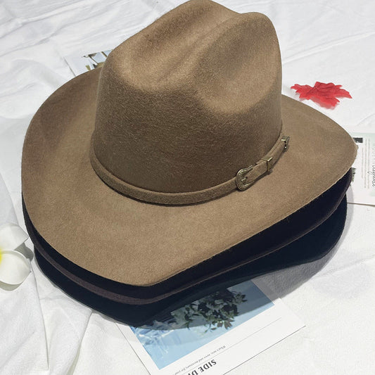 Wide brim cowboy hat with belt buckle