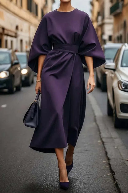 Elegant solid color waist bat sleeve dress