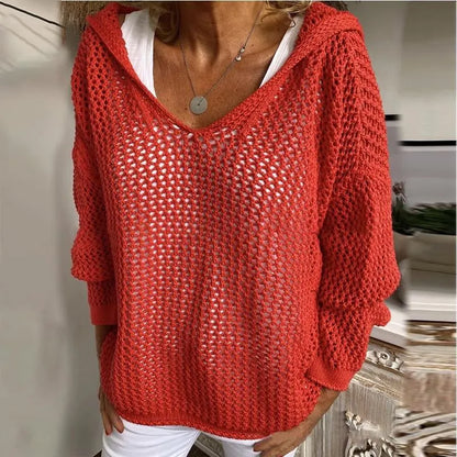 Loose-fit open-knit hooded sun-protection cardigan