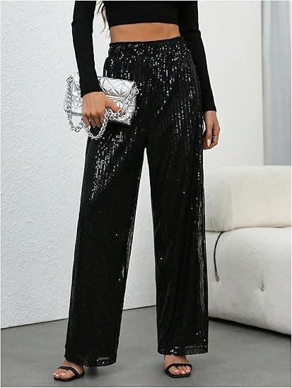 🎅Women's Sequin Sparkle Wide Leg Pants with Elastic Waistband