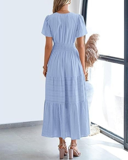 👗Women's Casual Spring Short Sleeve V Neck Maxi Dress