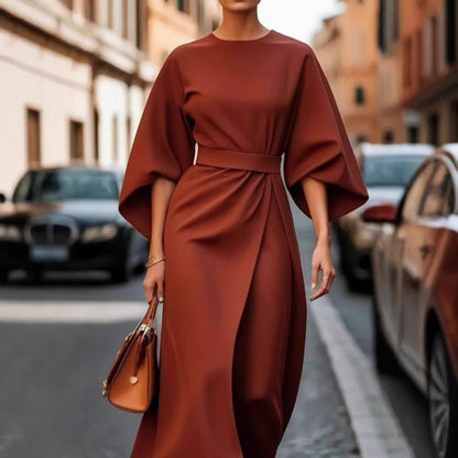 Elegant solid color waist bat sleeve dress