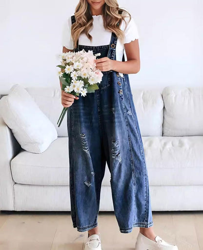 Women's Loose Fit Adjustable Strap Distressed Denim Bib Overalls (BUY 2 FREE SHIPPING)
