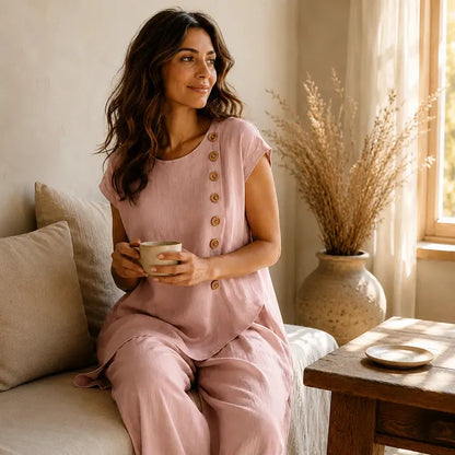 Asymmetrical Short-Sleeved Top And Wide-Leg Trousers Set