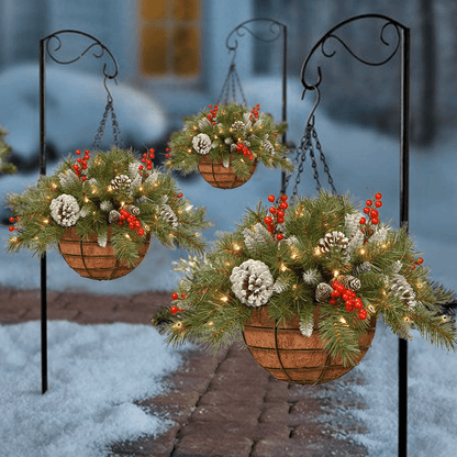 Dazzling Pre-lit Artificial Christmas Hanging Basket - Flocked with Mixed Decorations and White LED Lights - Frosted Berry