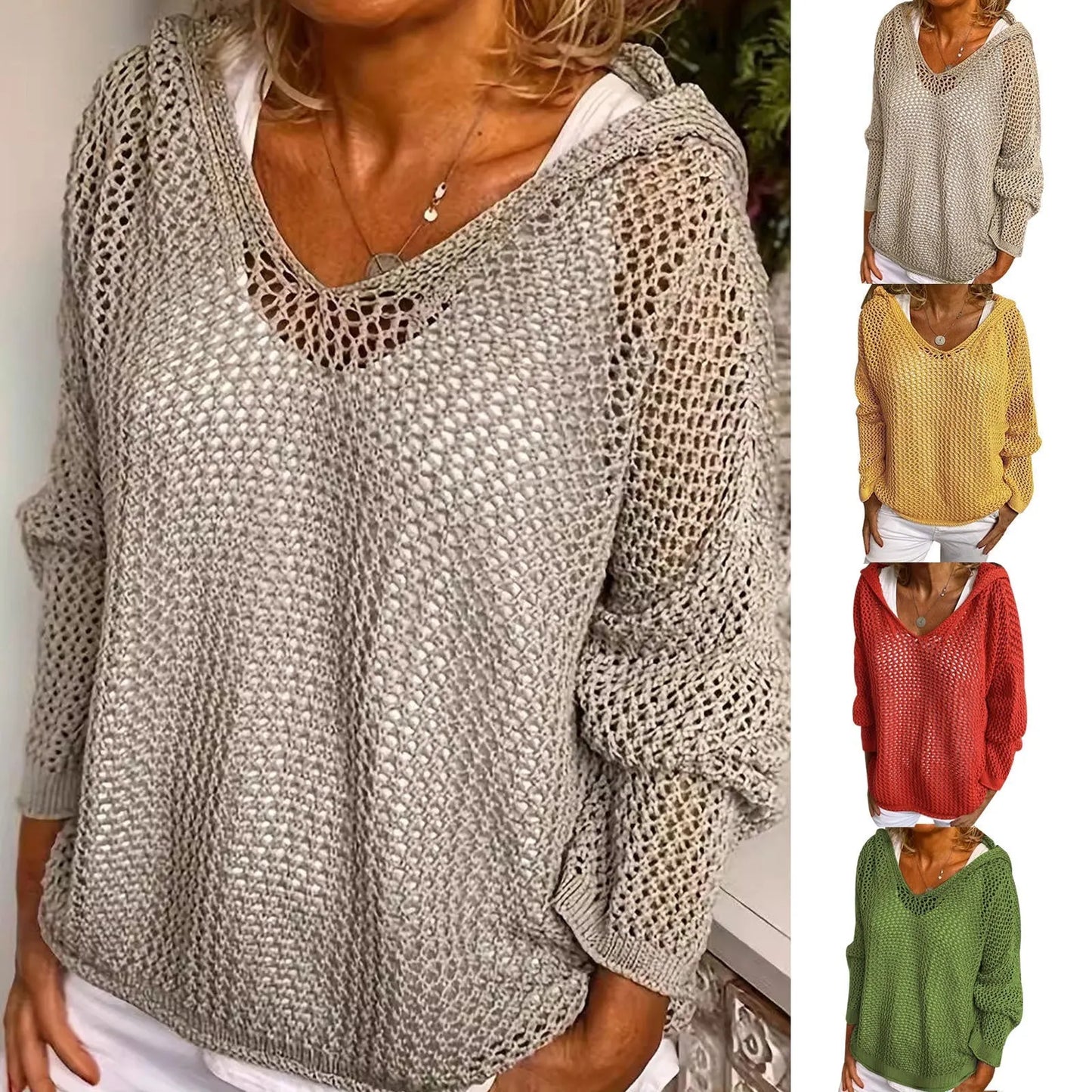 Loose-fit open-knit hooded sun-protection cardigan
