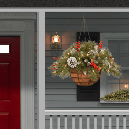 Dazzling Pre-lit Artificial Christmas Hanging Basket - Flocked with Mixed Decorations and White LED Lights - Frosted Berry