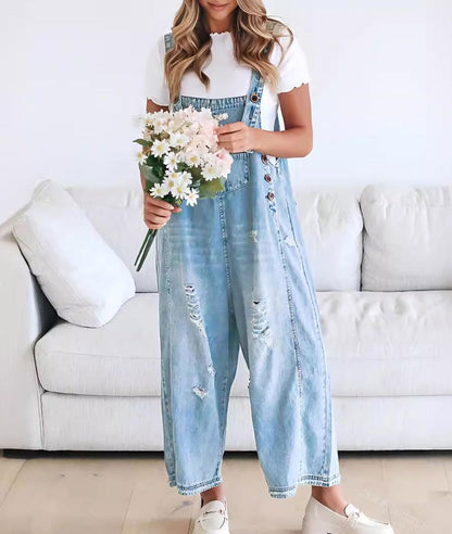 Women's Loose Fit Adjustable Strap Distressed Denim Bib Overalls (BUY 2 FREE SHIPPING)