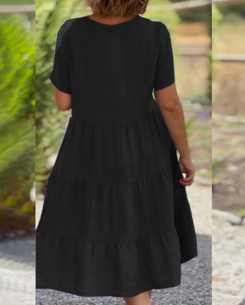 Cotton Linen V-Neck Solid Color Dress
