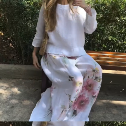 🌸 Solid Tops & Floral Wide-Leg Pants (2-Piece Set)