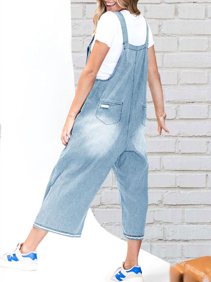 Women's Loose Fit Adjustable Strap Distressed Denim Bib Overalls (BUY 2 FREE SHIPPING)