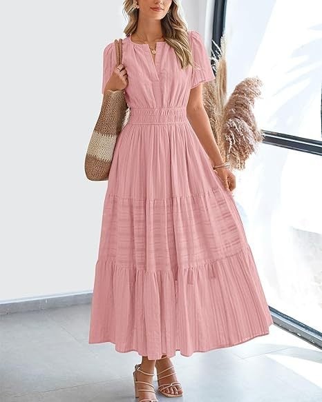 👗Women's Casual Spring Short Sleeve V Neck Maxi Dress