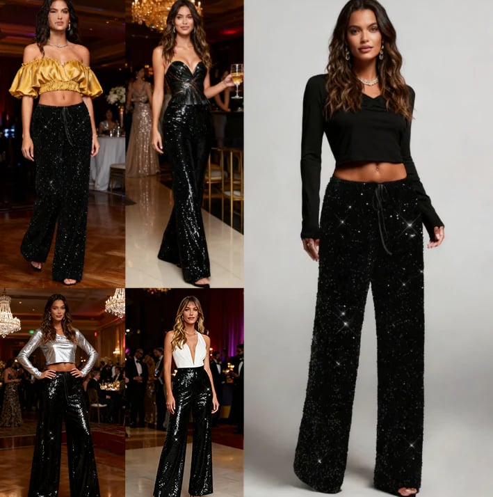 🎅Women's Sequin Sparkle Wide Leg Pants with Elastic Waistband
