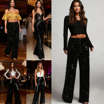 🎅Women's Sequin Sparkle Wide Leg Pants with Elastic Waistband