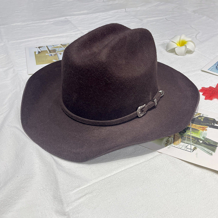 Wide brim cowboy hat with belt buckle