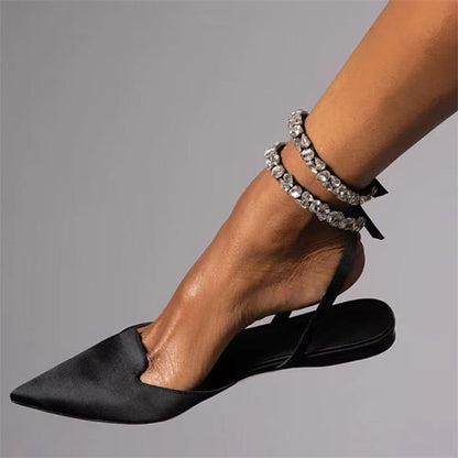 2025 Summer Glam Crystal Pointed Toe Flat Slide Sandals Fashionable Ankle Strap Shoe