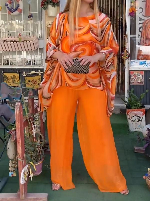 lusailstore -New Colorful Chiffon Set Casual Round Neck Print