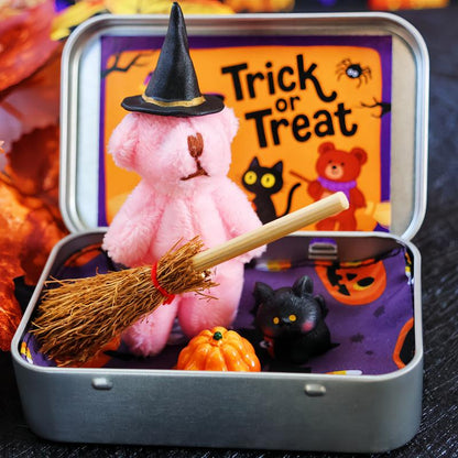 🎃🧸Cute Halloween Teddy Bear in a Box with wizard hat, Blanket, Broom, Pumpkin & Cat🌟👻