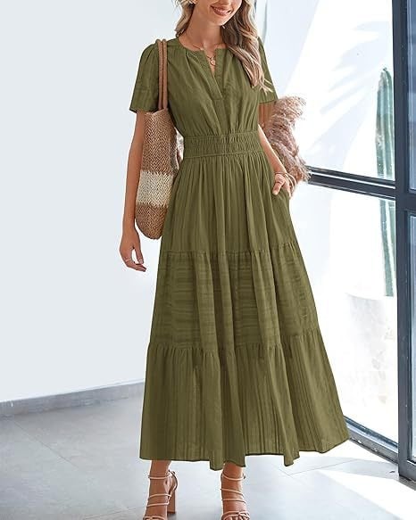 👗Women's Casual Spring Short Sleeve V Neck Maxi Dress