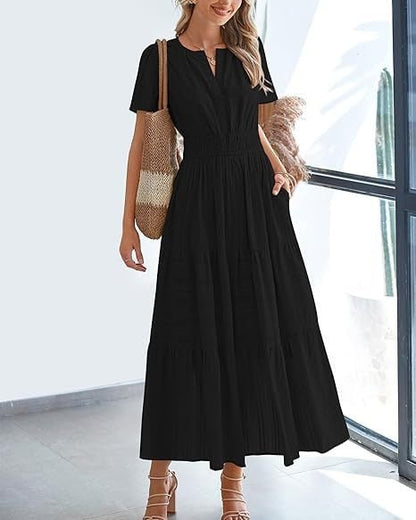 👗Women's Casual Spring Short Sleeve V Neck Maxi Dress