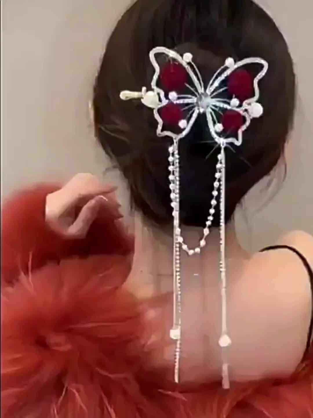 🌹Vintage butterfly rose tassel hairpin🦋