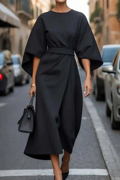 Elegant solid color waist bat sleeve dress