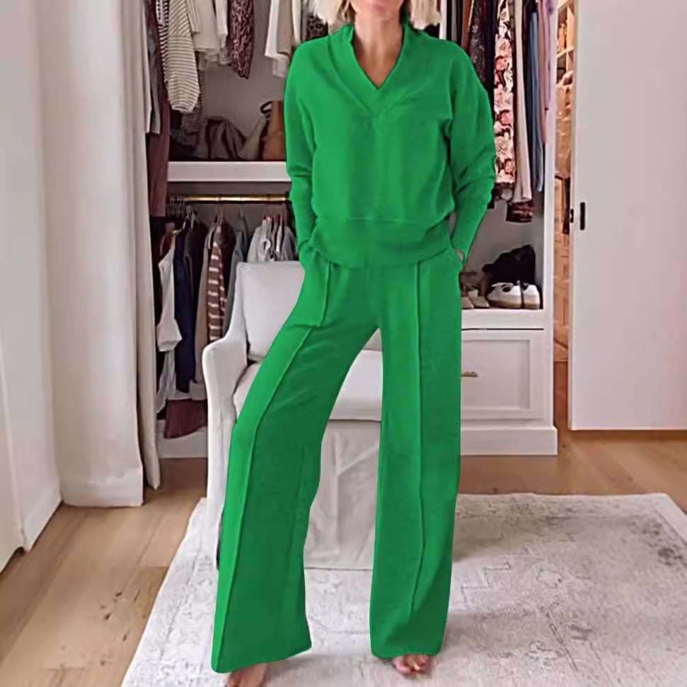 Women's Solid Color V-neck Top & Pants Two-piece Set (🔥Same as in the video)