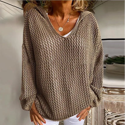 Loose-fit open-knit hooded sun-protection cardigan