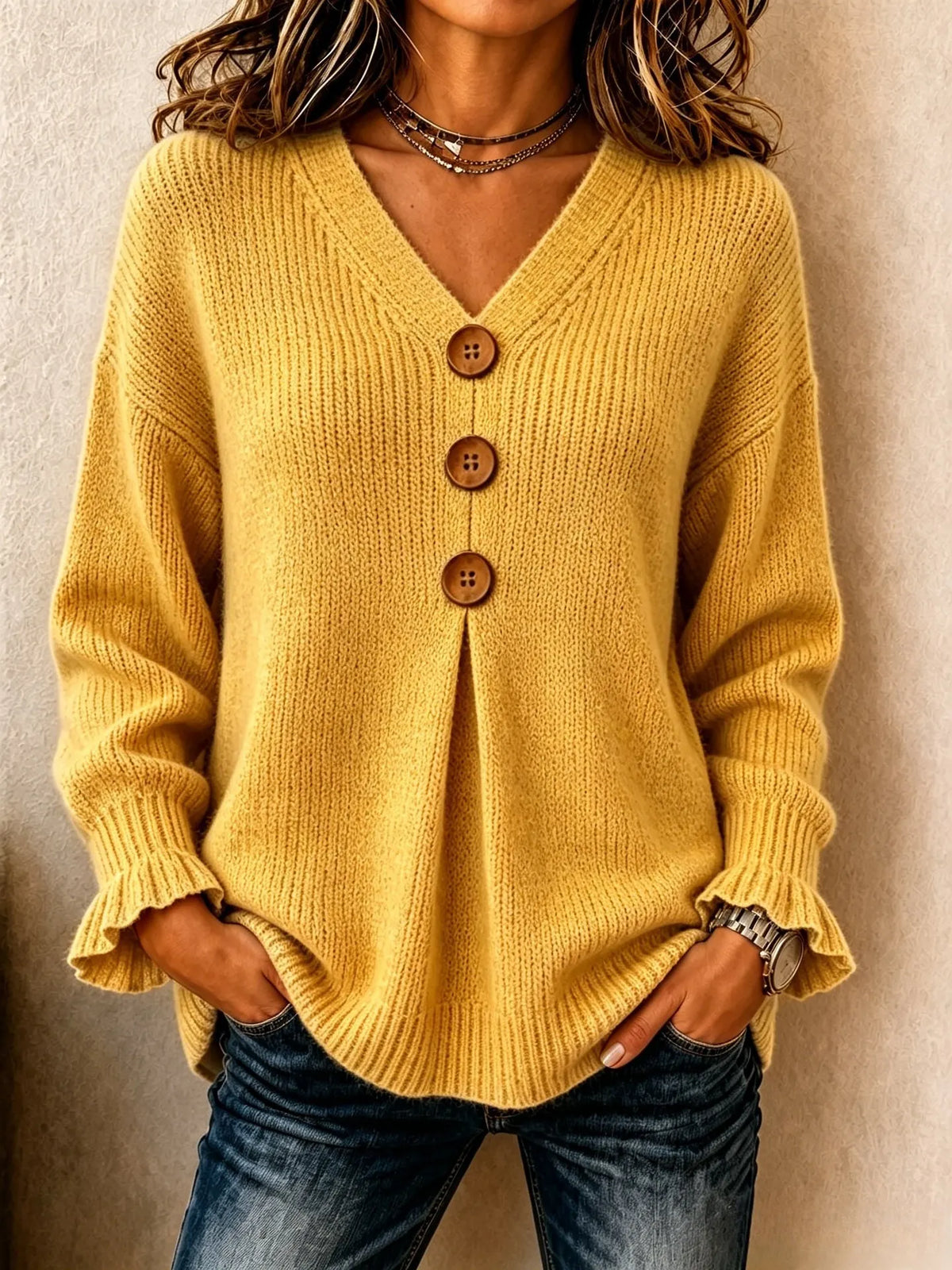 Women's Big Button Pleated V-Neck Knit Sweater