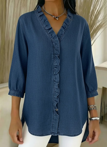 Women's Casual Faux Denim V-Neck Ruffled Blouse