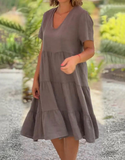 Cotton Linen V-Neck Solid Color Dress