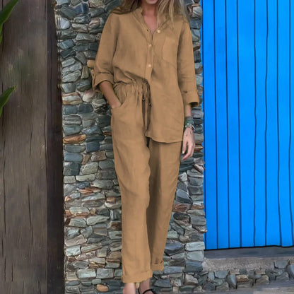 Casual Solid Color V-Neck Shirt & Pants Cotton Linen Two-Piece Set - Buy two and get free shipping!