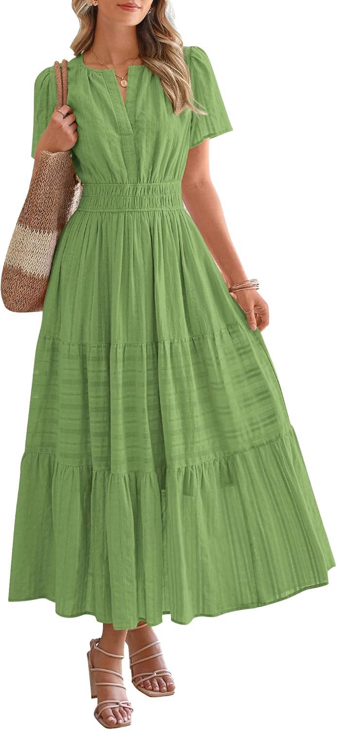 Womens Summer Lightweight Short Sleeve V Casual Midi Maxi Dresses(BUY 2 FREE SHIPPING)