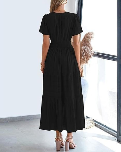 👗Women's Casual Spring Short Sleeve V Neck Maxi Dress