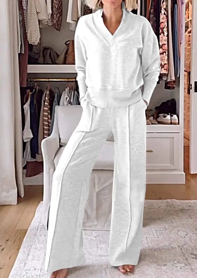 Women's Solid Color V-neck Top & Pants Two-piece Set (🔥Same as in the video)