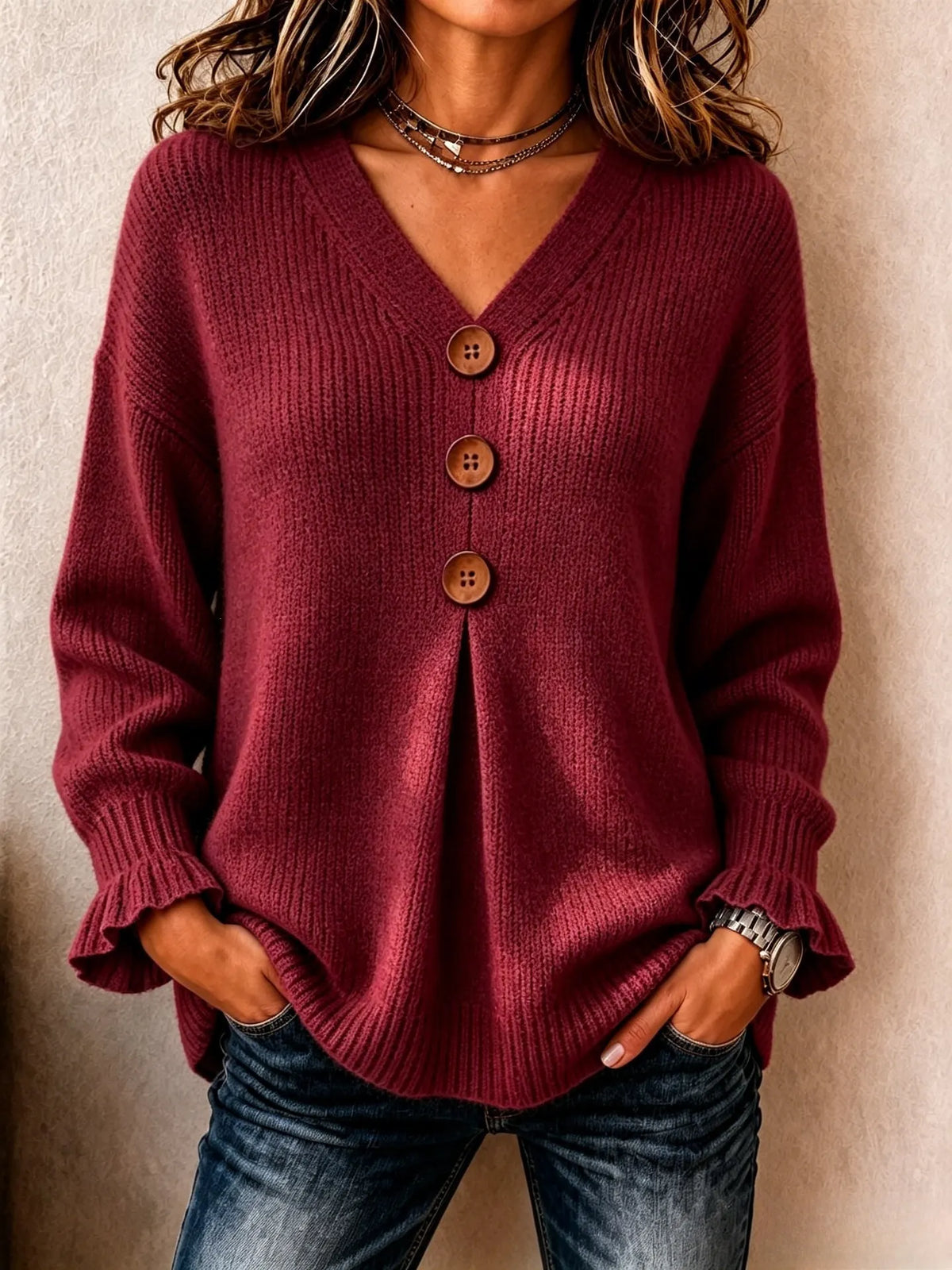 Women's Big Button Pleated V-Neck Knit Sweater