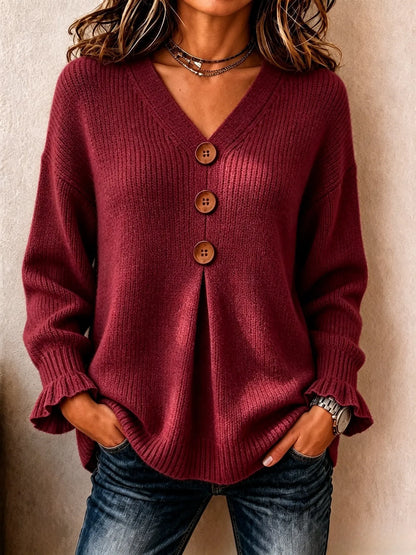 Women's Big Button Pleated V-Neck Knit Sweater