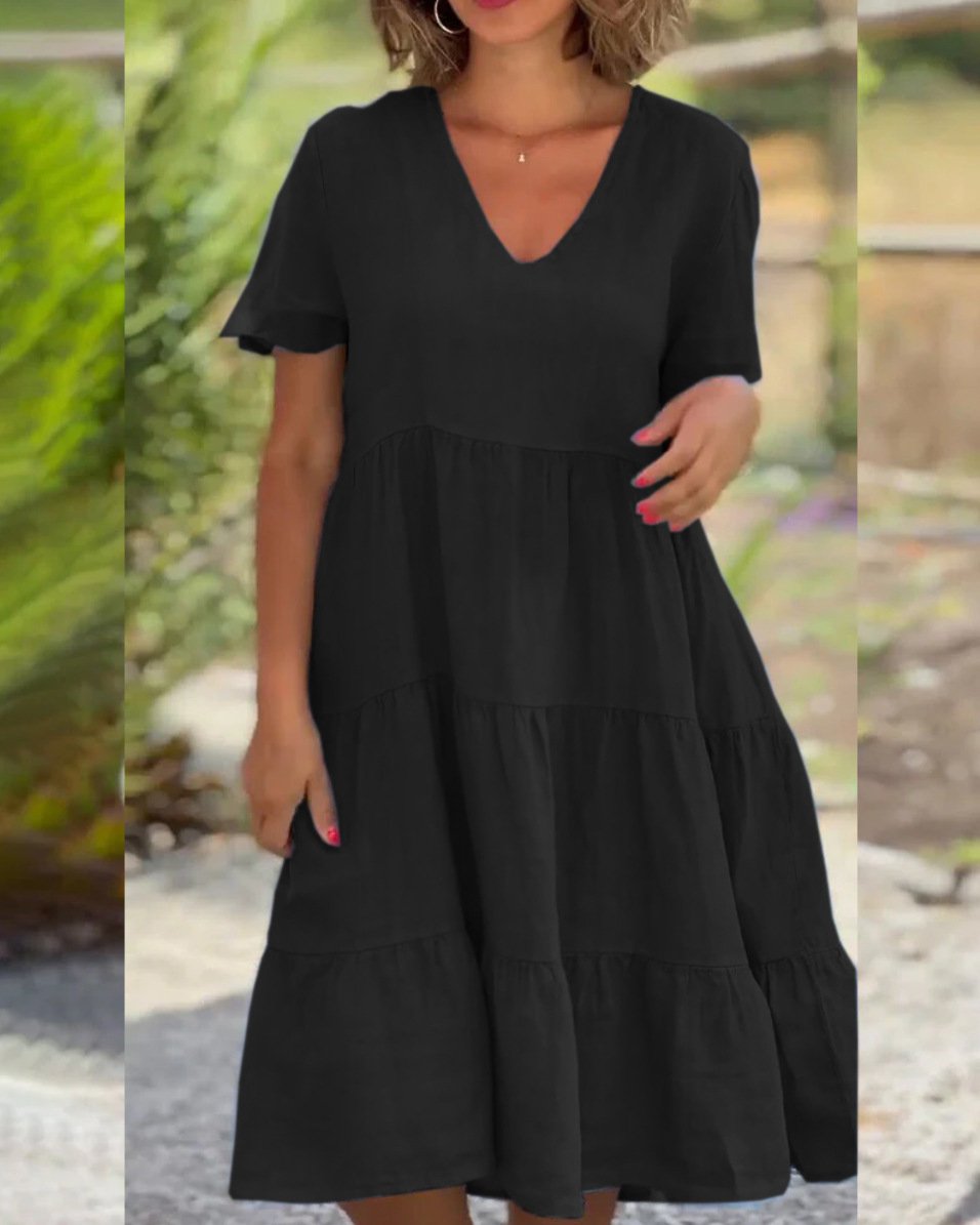 Cotton Linen V-Neck Solid Color Dress