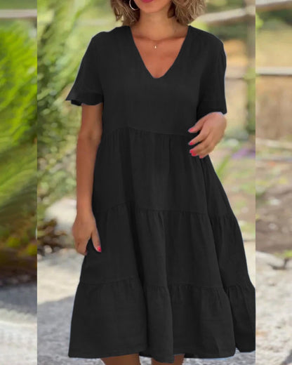 Cotton Linen V-Neck Solid Color Dress