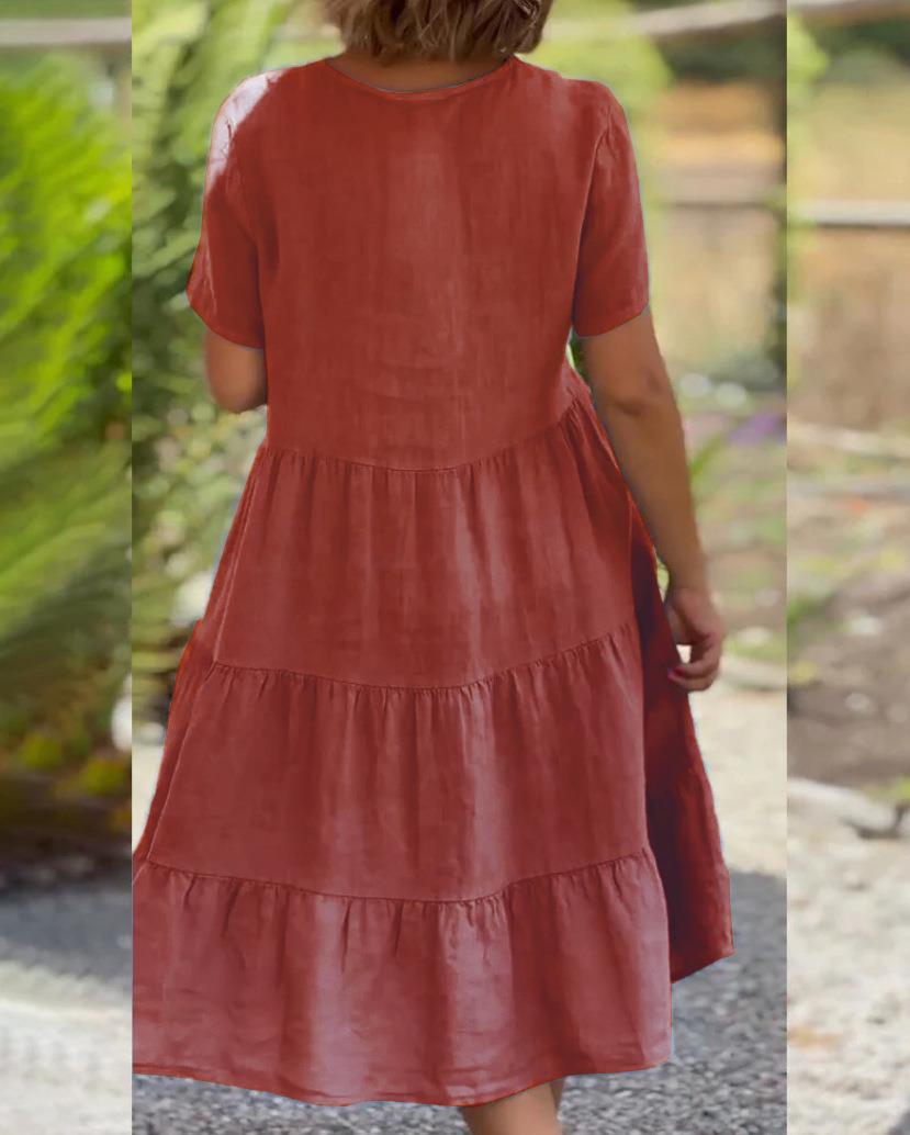 Cotton Linen V-Neck Solid Color Dress