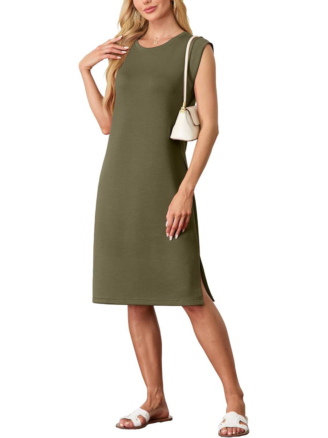 💥Women Round Neck Loose Split Wrinkle-Free Midi Dress with Pockets