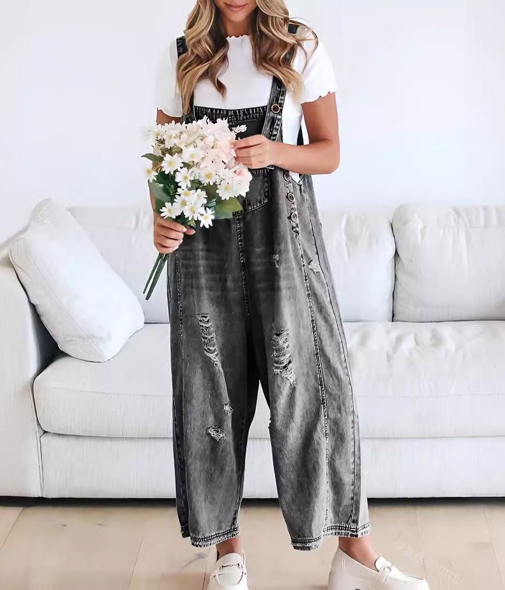 Women's Loose Fit Adjustable Strap Distressed Denim Bib Overalls (BUY 2 FREE SHIPPING)