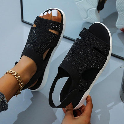 Women Rhinestone Slip-on Stretchable Platform Sandals