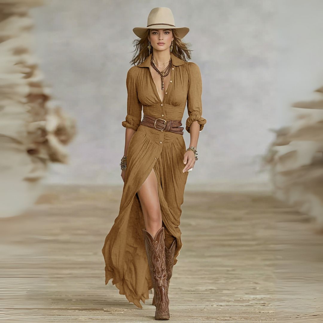 Fashion Lapel Single-breasted Waist Shirt-style Maxi Dress