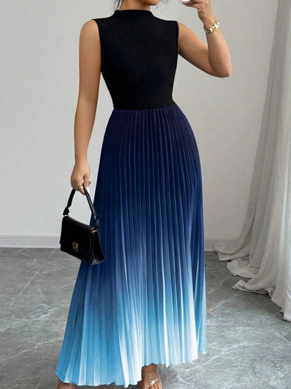 👗💜 Ombre Pleated Sleeveless Mock Neck Maxi Dress