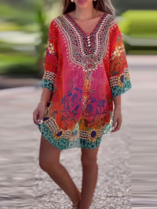 Needtoknit🔥Hot sale🔥- loose printed v-neck ethnic style blouses